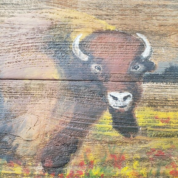 Buffalo Portrait original Oil Painting Larry Geilenfeldt Rustic Reclaimed Wood - Picture 3 of 10